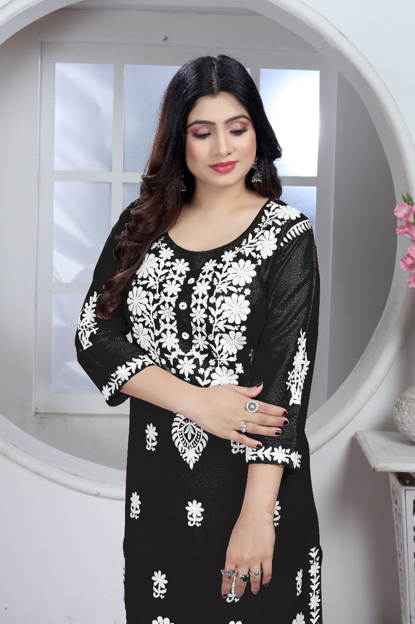 Chikankari Style Black Embroidered Heavy Rayon Cotton Kurti & Pant Set