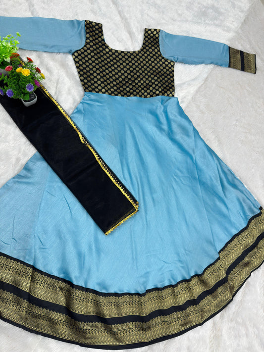 Elegant Sky Blue Antalkali Suit with Jacquard Silk & Net Dupatta