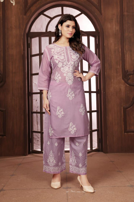 Beautiful Purple Chikankari Cotton Kurti with pant