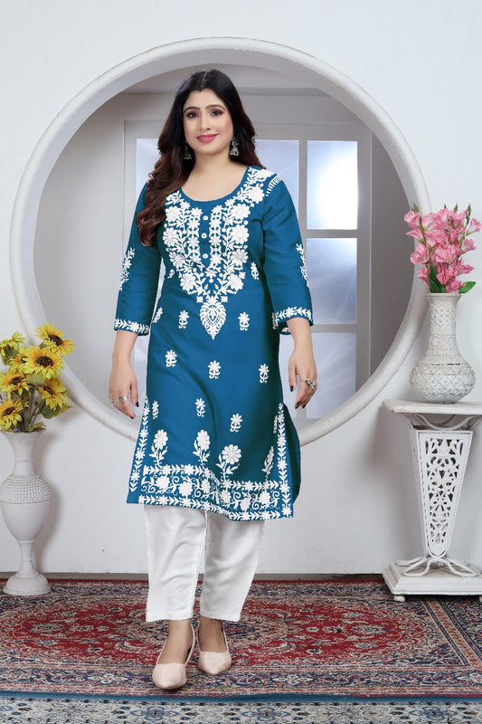 Chikankari Style Morpich Embroidered Heavy Rayon Cotton Kurti & Pant Set