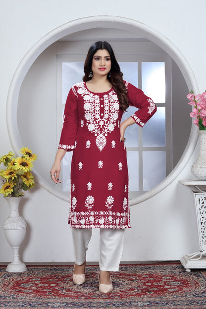 Chikankari Style Maroon Embroidered Heavy Rayon Cotton Kurti & Pant Set