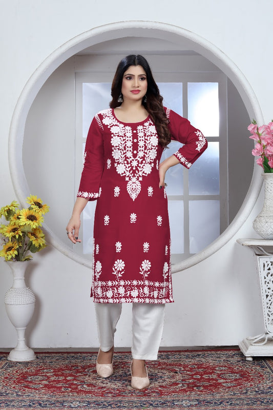Chikankari Style Maroon Embroidered Heavy Rayon Cotton Kurti & Pant Set
