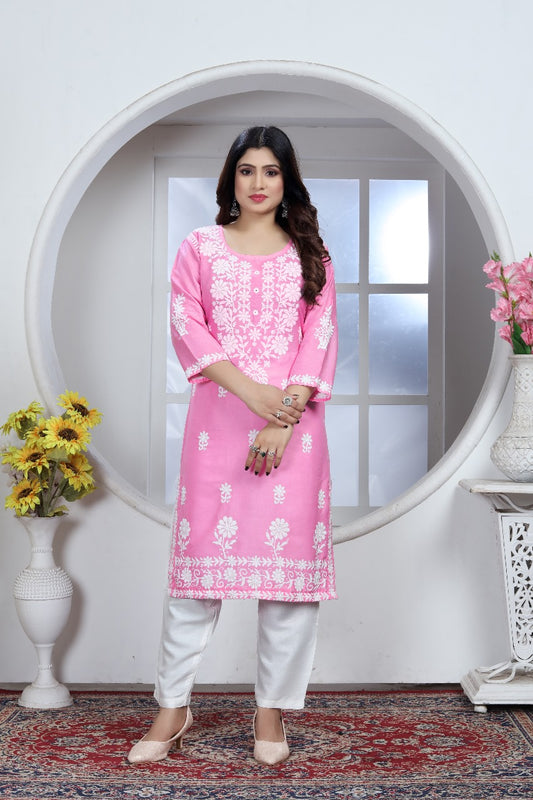 Chikankari Style Pink Embroidered Heavy Rayon Cotton Kurti & Pant Set