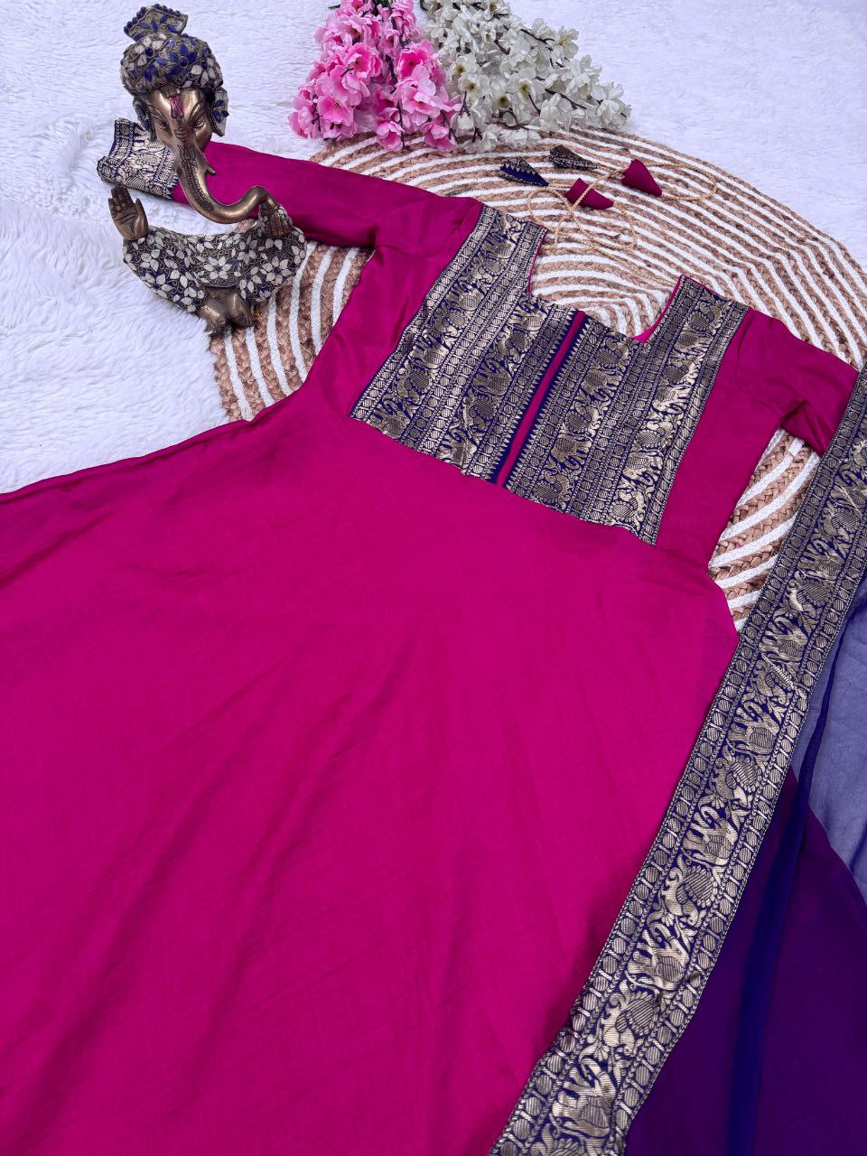 Anarkali Kurta Set in Vichitra Silk with Zari Detailing