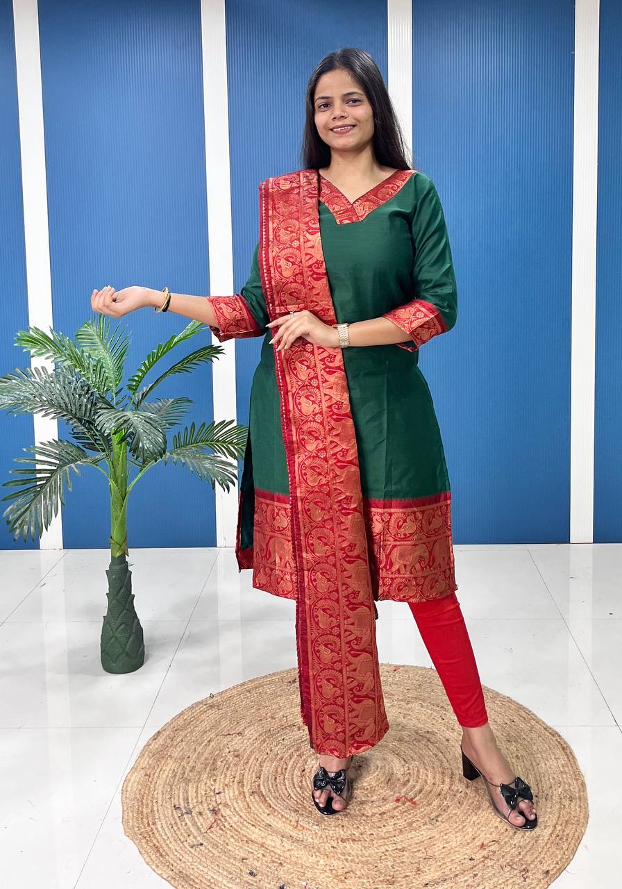 Bottle Green Cotton Kurti Set with Maroon Tone Border