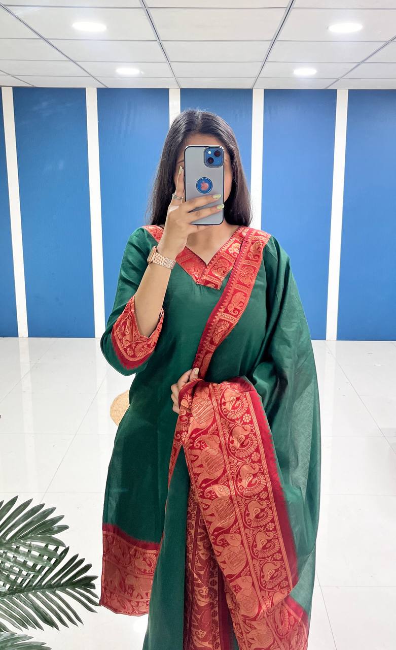 Bottle Green Cotton Kurti Set with Maroon Tone Border