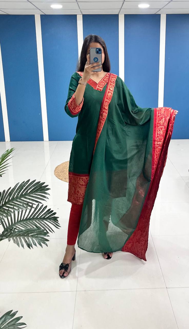 Bottle Green Cotton Kurti Set with Maroon Tone Border