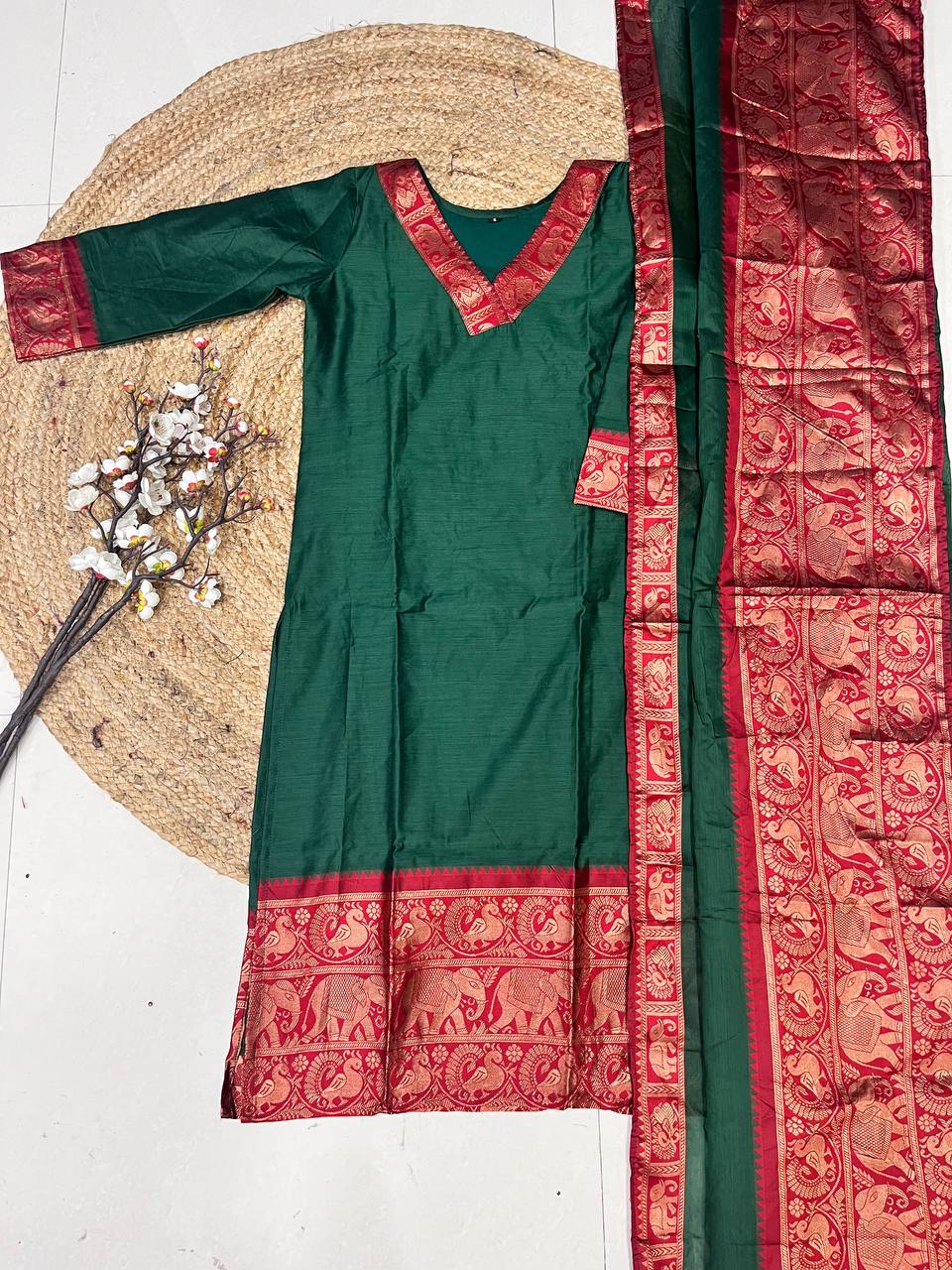 Bottle Green Cotton Kurti Set with Maroon Tone Border