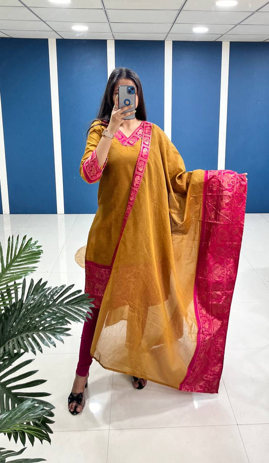 Yellow Cotton Kurta Set with Pink Border – Bold and Beautiful.