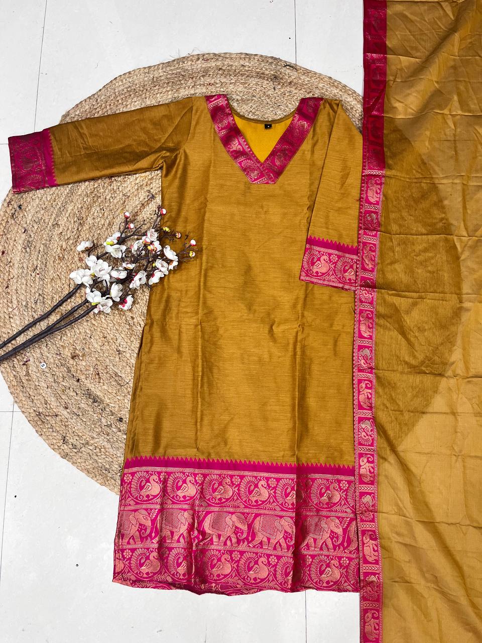 Yellow Cotton Kurta Set with Pink Border – Bold and Beautiful.