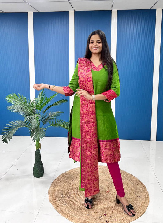 Fresh Light Green Cotton Kurta Set with Pink Tone Border – Graceful and Vibrant