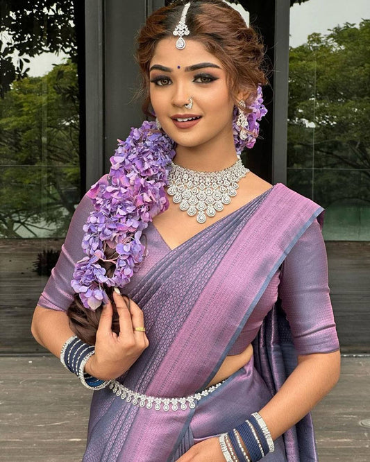 Soft Lichi Silk Saree with Rich Jacquard Border & Contrast Blouse