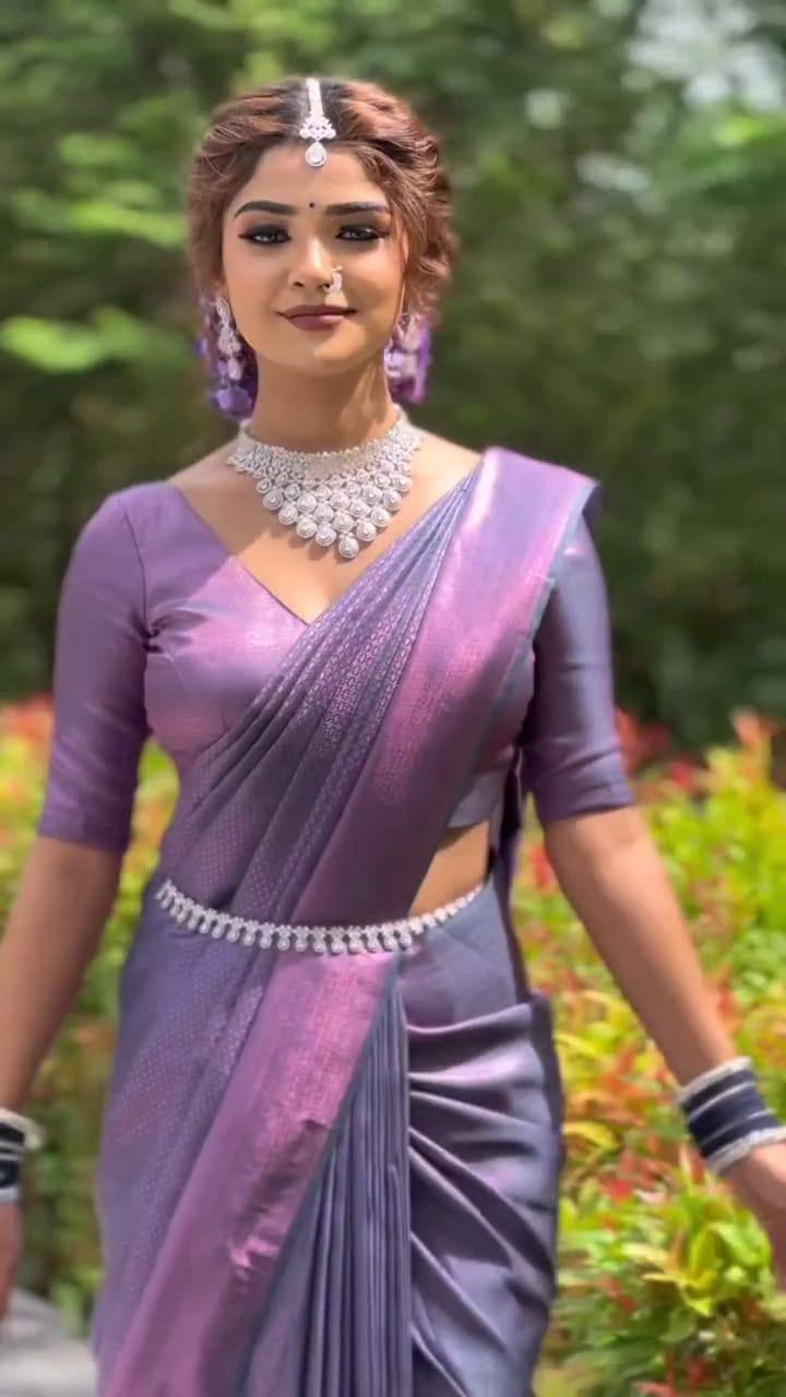 Soft Lichi Silk Saree with Rich Jacquard Border & Contrast Blouse