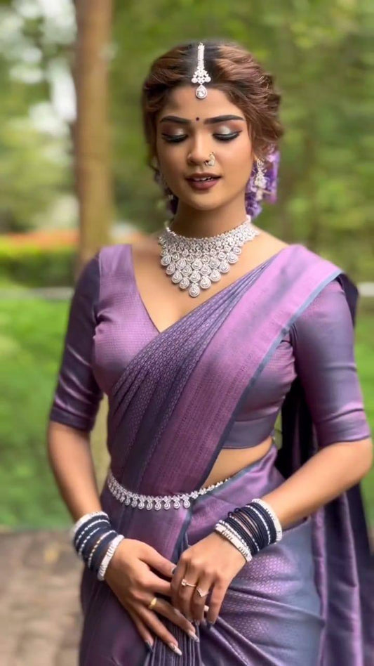 Soft Lichi Silk Saree with Rich Jacquard Border & Contrast Blouse