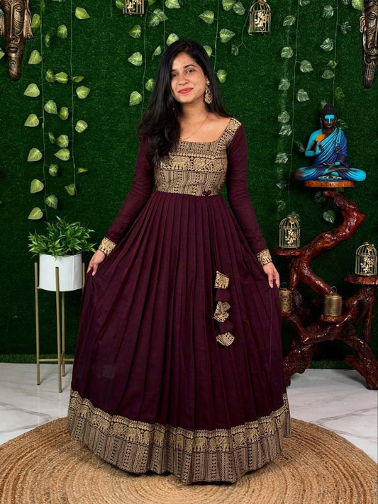 Melobita Silk Full-Length Anarkali Gown Kurti with Sheer Golden-Border Dupatta