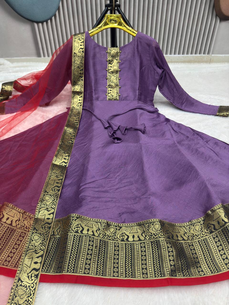 Vichitra Silk Gown with Net Dupatta