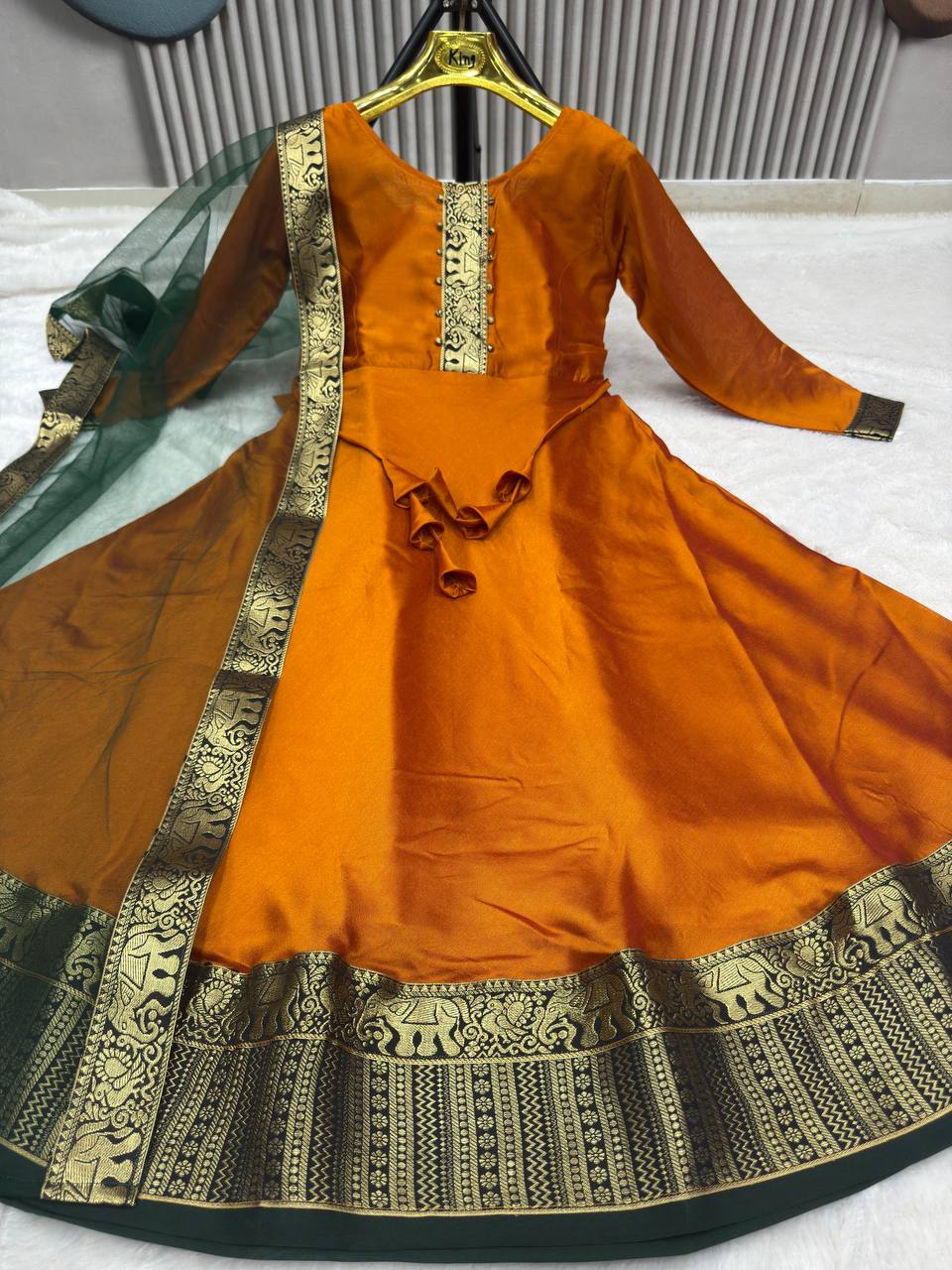 Vichitra Silk Gown with Net Dupatta